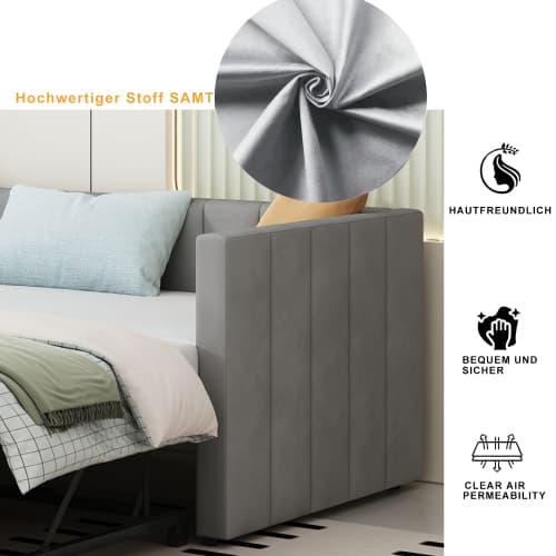 Utdragbar bäddsoffa 90/180×200 cm | sammetsgrå | Med sänglåda | multifunktionell säng Gray