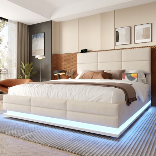 Modern stoppad säng 140x200cm med LED, USB/Type-C & hydrauliskt lyftsystem | Höjdjusterbar sänggavel Beige