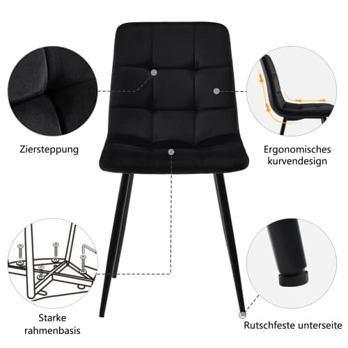 Svarta matrumsstolar, 4-pack – sammetslena, klädda designstolar med metallram & ryggstöd Black