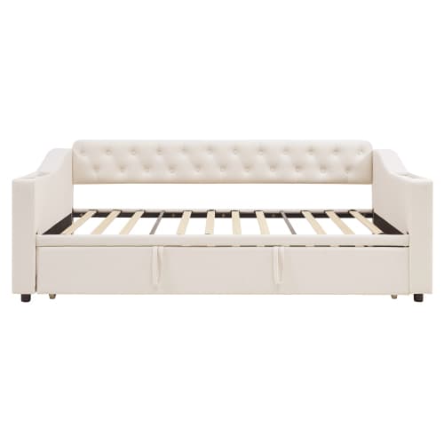 Sovsoffa 90x190 cm med USB-laddningsanslutning | klädd säng med säng- och förvaringsväskor | sammet i beige | Tjock Beige