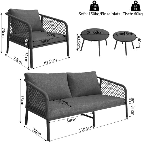Modern trädgårdsgrupp i grått rep – utomhus soffgrupp med glasskiva & kuddar Grey