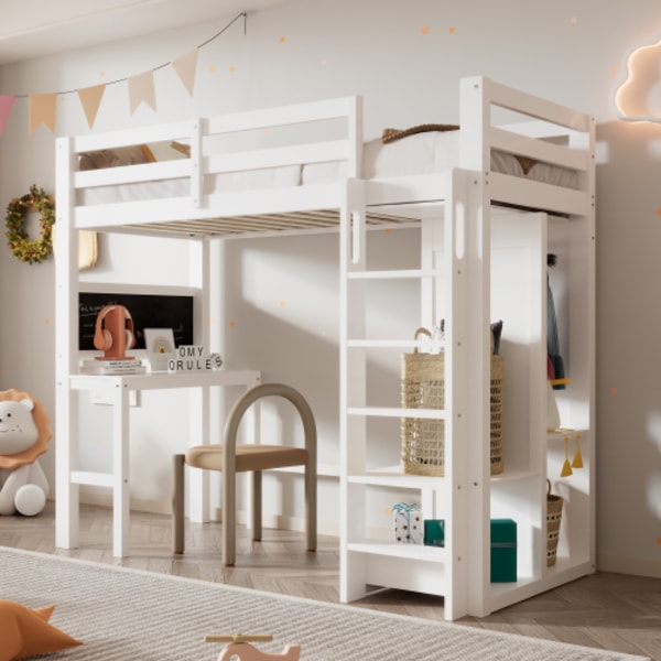 Babysäng Hög säng med skrivbord Öppen garderob och hyllor Babysäng med sänggavel och skydd mot olyckor White