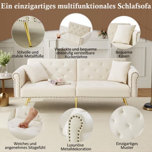 Modern 2-sits bäddsoffa med sammetsöverdrag – 3-vägs justerbart ryggstöd & gyllene metallfötter Beige