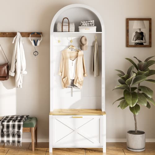 Garderobe med skohylde, hylde og kroge - robuste jernfødder, MDF-krop til entré White