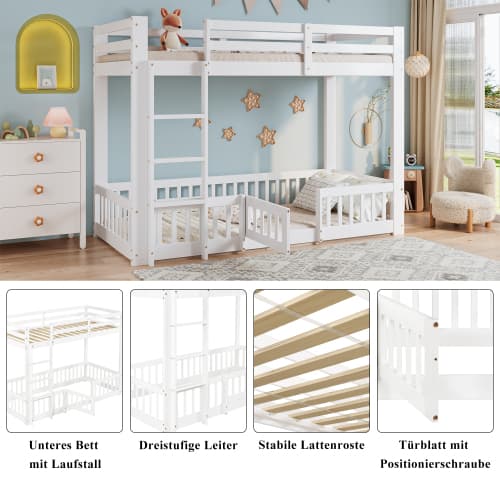 Vit våningssäng 90x200 cm - massivt trä (Kiefer+LVL) med trappa, räcken & dörr, säkert utrymme under White