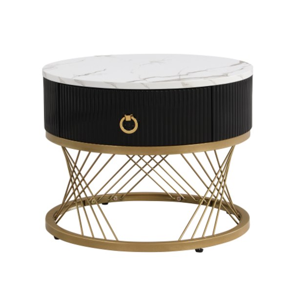 Elegant soffbord: marmoroptik, gulddekor, sidobord med lådor – set om 2 White