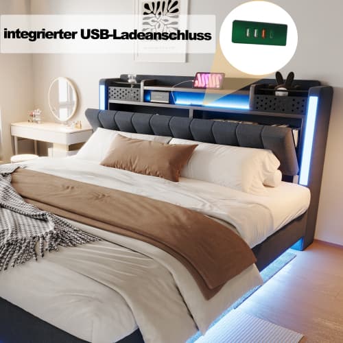 Modern stoppad säng 160x200 cm med LED-ljus & USB - svävande sängdesign med förvaringssänggavel (grå linne) Grey