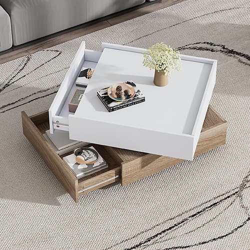 Multifunktionellt bord Vit/Valnöt – 60 cm soffbord med dubbelsäng & förvaringsfack | 360° rotation för flexibelt vardagsrum Natural Walnut