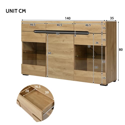Moderne LED skænk, skab med 3 døre & 3 skuffer, stor opbevaringsplads, buffet & kommode til opholdsområde Natural