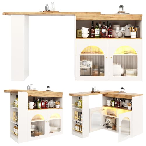 Höj- och sänkbart matbord med LED-belysning, utdragbart och roterbart, med förvaringsutrymme, barbord, vit White