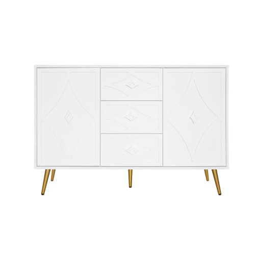 Kommode med diamantmønster og guldfødder, 3 skuffer og 2 døre, 120x80cm, hvid, elegant design til flere rum White