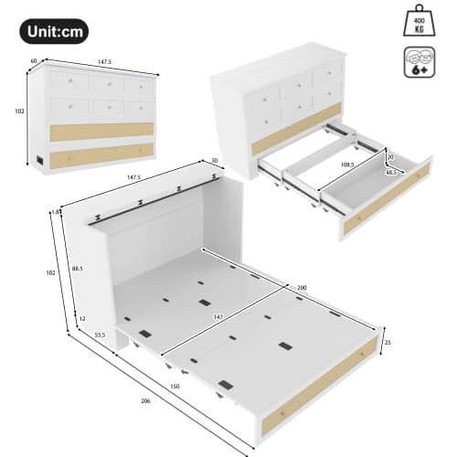 Murphy seng 140x200cm med skuffer og hylde, inkl. USB/stik, konvertibel platformseng uden madras, hvid white