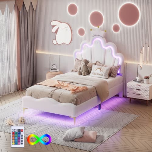 Vit prinsessäng 90x200 cm | Med LED-belysning & PU-läderklädsel White