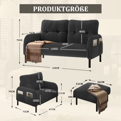 Cord 3-set grå - 2-sits soffa + fåtölj + pall - stålrörsram & extra mjuk klädsel - sittdjup - modulär för vardagsrum Gray