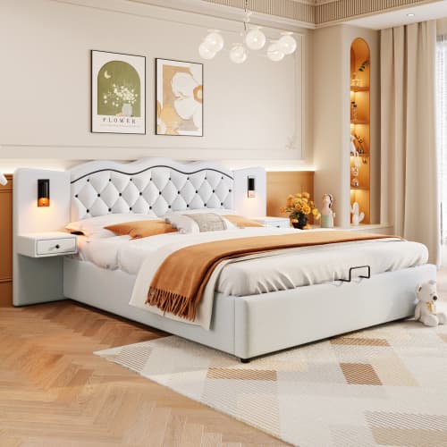 180x200cm Premium säng beige - Med hydraulisk säng & USB - vadderad sänggavel + 2 lampor Beige