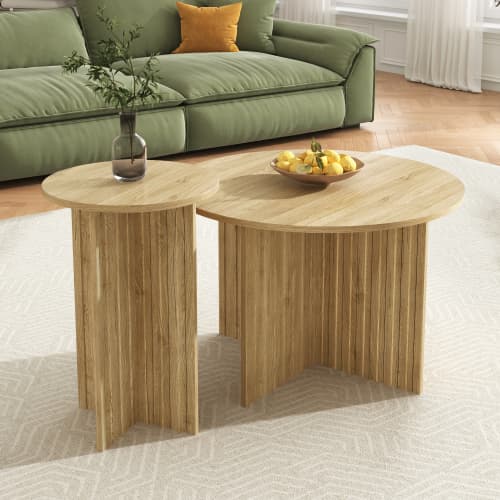 2-delt træ Nest bord sæt | Runde sofaborde i Scandi design | Pladsbesparende & alsidig | Robuste MDF-plader | Hvid Natural
