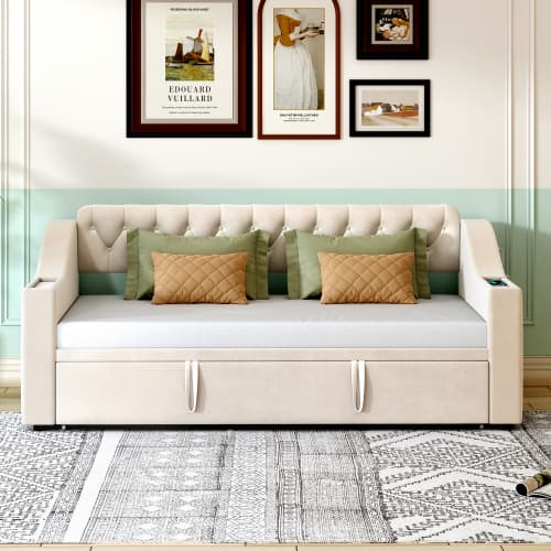 Sovsoffa 90x190 cm med USB-laddningsanslutning | klädd säng med säng- och förvaringsväskor | sammet i beige | Tjock Beige