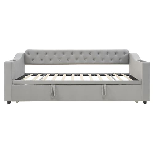 Sovsoffa 90x190 cm Grå | Med USB-laddningsport & breda armstöd | sammetsklädd säng med ribbotten Gray