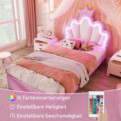 Rosa prinsess sängram 90x200 cm med LED & lådor | PU-överdrag Pink