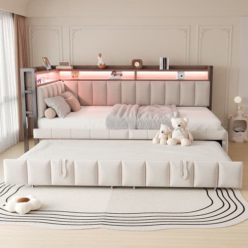 Modern bäddsoffa med USB-C & LED-belysning, utdragbar säng 90x200cm med förvaringsfack, sammetstyg i beige Beige