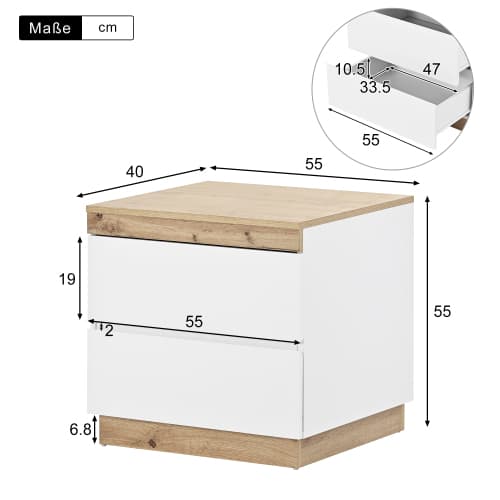 Nattduksbord, sängbord med två lådor, nattduksbord, förvaringsfunktion, för sovrum white