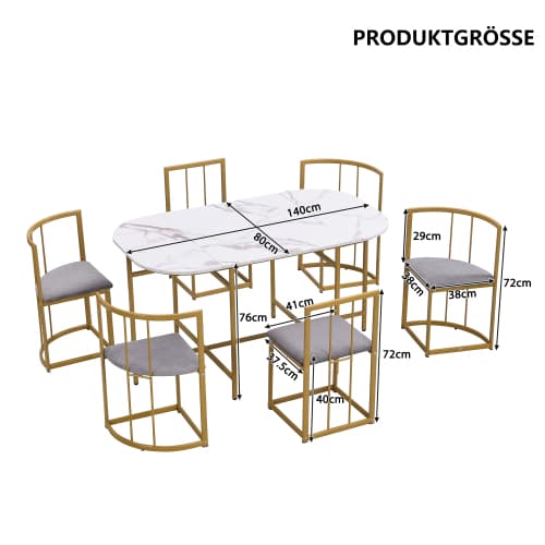 Modern 6 matbordsset i vitt/grått med gulddetaljer – elegant matrumskombination Gold