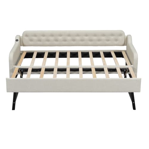 90x200 säng beige - Bäddsoffa med gästsängsfunktion (utdragbar) & USB-port - Multifunktionell design - sängram ingår Beige