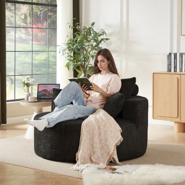 Fåtölj i chenille, ingen montering krävs, fluffig gungstol för vardagsrum & sovrum, modern & bekväm Black