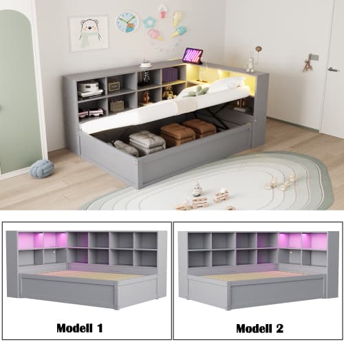 Sovesofa 90x200 cm med hydraulisk seng & multiple stik, massiv træseng med LED lysbjælke og opbevaringsområder, grå Gray