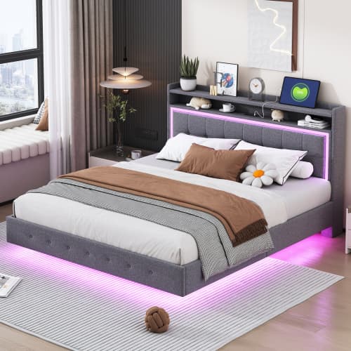 Dubbelsäng 160×200 cm med USB & LED-belysning | linnegrå | platt sängdesign Gray
