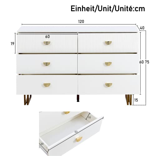 Skänk 120x40x75 cm med 6 lådor - Vit/Guld, MDF & stål, för vardagsrum & sovrum White