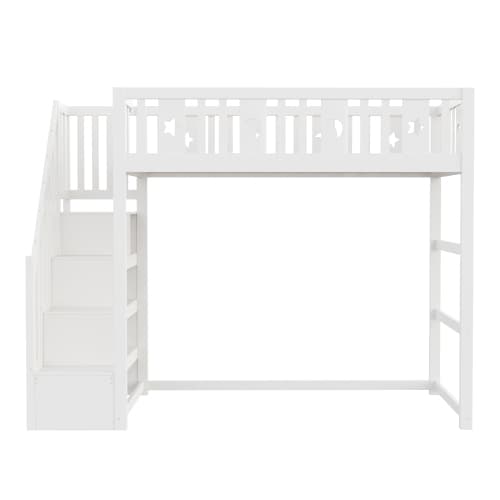 Vit våningssäng 90x200 cm för barn - massivt trä högsäng med trappor, säkerhetsräcken & stjärn-måne dekor White