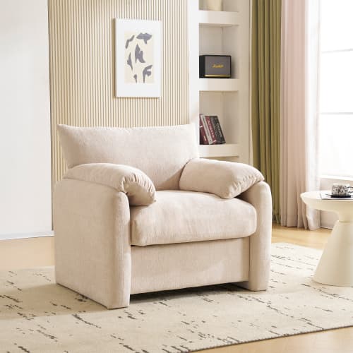 Överdimensionerad fåtölj i chenille - Modern enkelsoffa i designlook - Bekväm fritidsstol för vardagsrum & sovrum - Dekorativ & mysig Beige