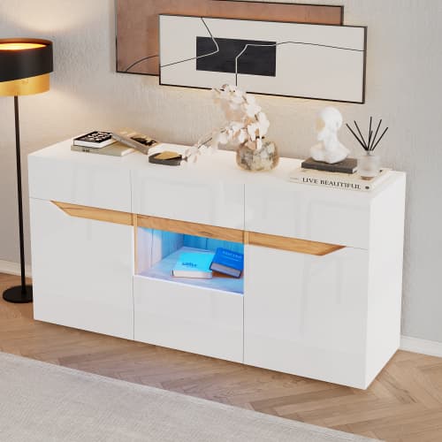 Skænk 140x70cm, kommode med 4 skuffer & 2 rum, grebsfri med LED-belysning, højglans hvid/træ white