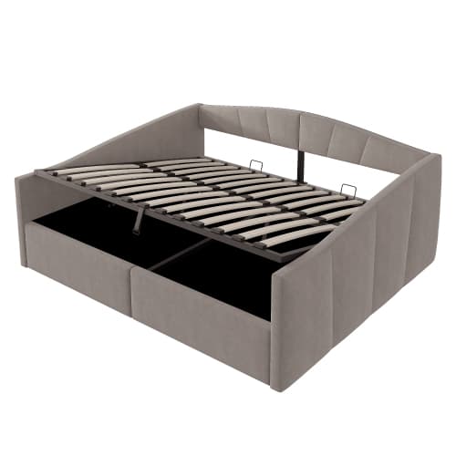 Soffa med bäddfunktion 140x200 cm med hydraulisk förvaring, ribbor & sammetsöverdrag – grårandig optik, platsbesparande & mysig! Grey