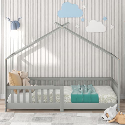 Husformad säng i massivt trä med säkerhetsstaket & ribbotten, grå (200x90cm) – idealisk för barnrum LIGHT GREY