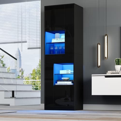 Vitrineskabe med LED-belysning, højt skab 170 cm med skuffe og glasvitrine, højglans, sort Black