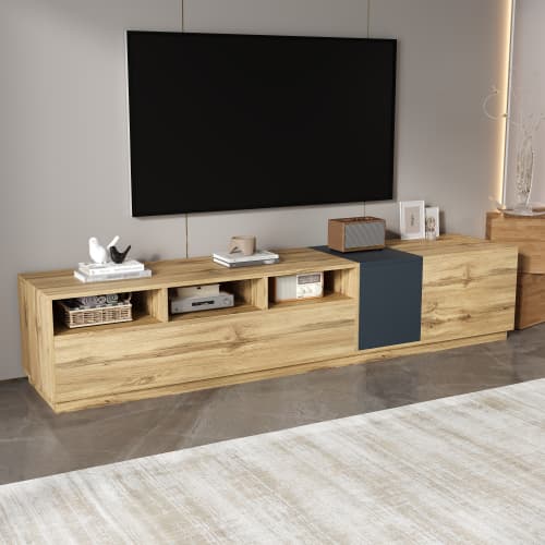 TV-bord 200 cm moderne, kommode med kontrasterende farver, åbne rum & kabelstyring, lowboard Oak