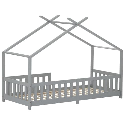 Husformad säng i massivt trä med säkerhetsstaket & ribbotten, grå (200x90cm) – idealisk för barnrum LIGHT GREY