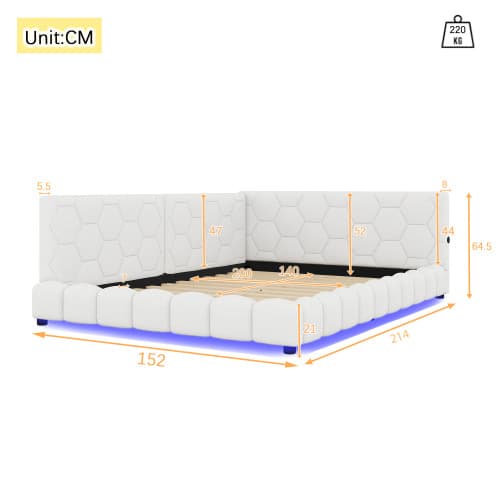 Vit säng 140x200 cm med LED-belysning & USB-anslutningar | Vliesimitat White
