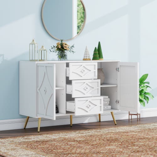 Kommode med diamantmønster og guldfødder, 3 skuffer og 2 døre, 120x80cm, hvid, elegant design til flere rum White