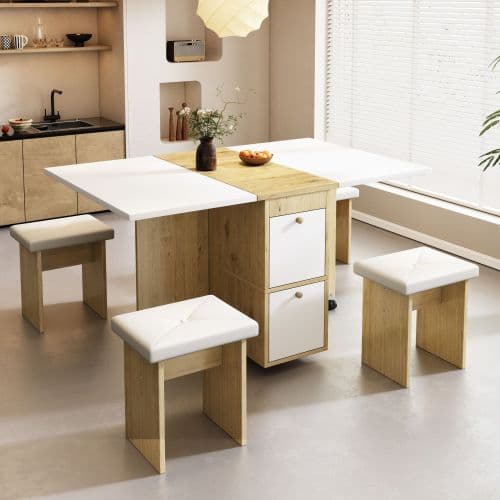 matgrupp, (med matbord, 4 stolar), hopfällbart matbord, 120*80*75cm, utdragbart matbord White+Oak