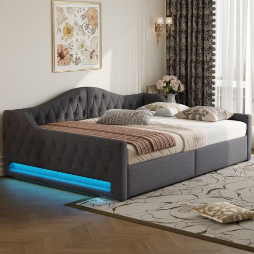 140x200cm grå vadderad dagbädd – med LED-belysning & förvaringsutrymme, modern bäddsoffa med komfortfunktioner Gray