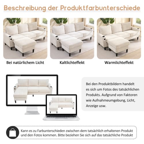 Bäddsoffa med USB-C – 3-sits klädd i linne | Med 2 dryckeshållare för vardagsrum/sovrum | Modern design Beige