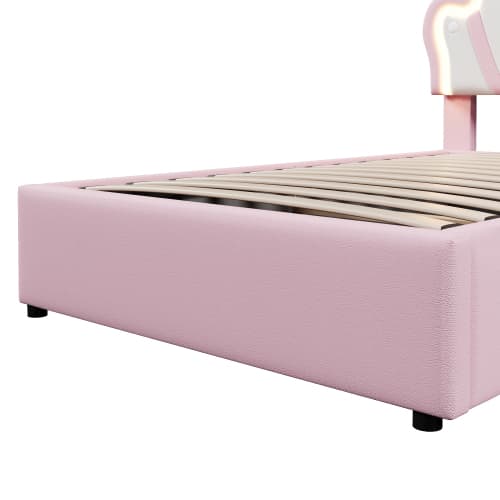 Prinsesseseng 90x200cm med kroneform, hydraulisk løftemekanisme & LED-belysning, justerbart sengegærde, pink Pink
