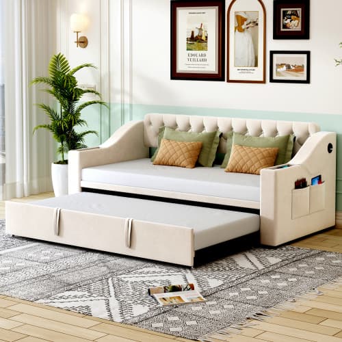 Sovsoffa 90x190 cm med USB-laddningsanslutning | klädd säng med säng- och förvaringsväskor | sammet i beige | Tjock Beige