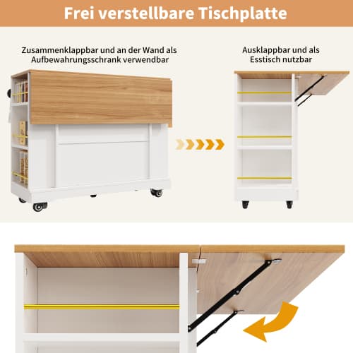 Vit multifunktionell köksö med trästruktur – bufféskåp & serveringsvagn med stretchfunktion & integrerat matbord White