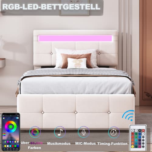 Barn-Säng 90x200 - med LED & Förvaring | Höjdjusterbar Sammetssäng i Beige | Högbox-Design Beige