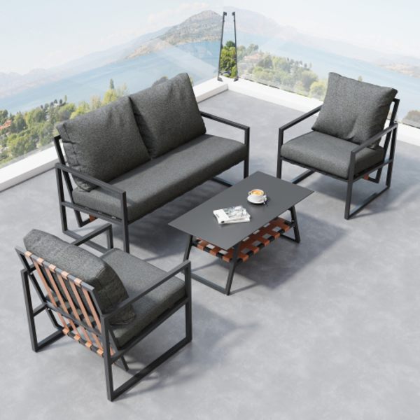 Trädgårdsmöbler Sittgrupp Trädgårdsset, Gardenlounge för 4 personer, med Soffa, Soffbord & Kuddar Black
