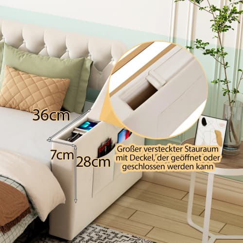 Sovsoffa 90x190 cm med USB-laddningsanslutning | klädd säng med säng- och förvaringsväskor | sammet i beige | Tjock Beige